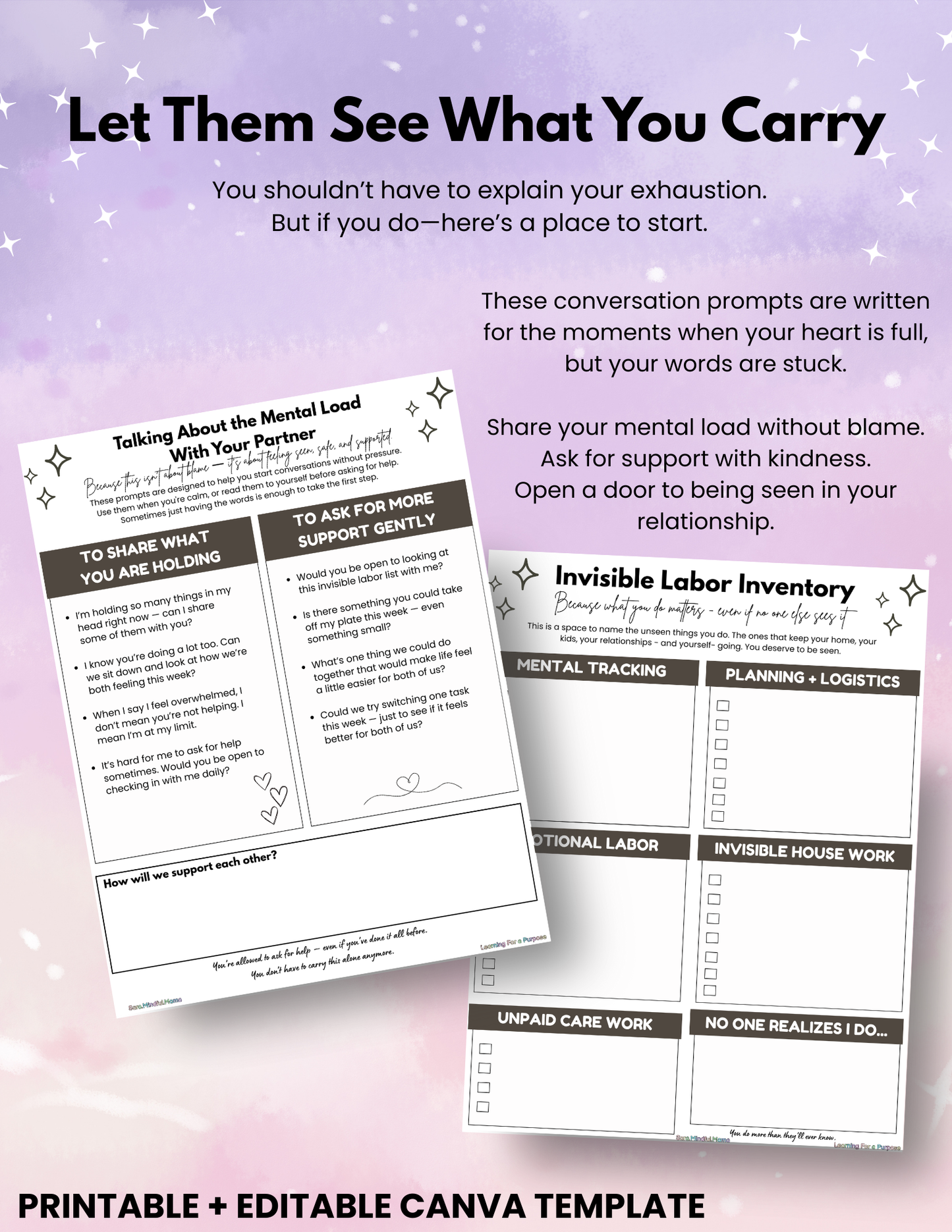 The Invisible Labor Relief Pack for Moms | Mental Load + Emotional Support Printables (Editable Canva Link Included)