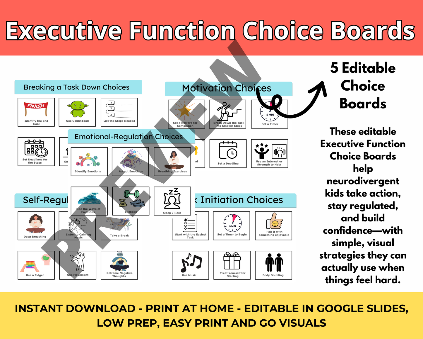 Executive Function Choice Boards (Editable)
